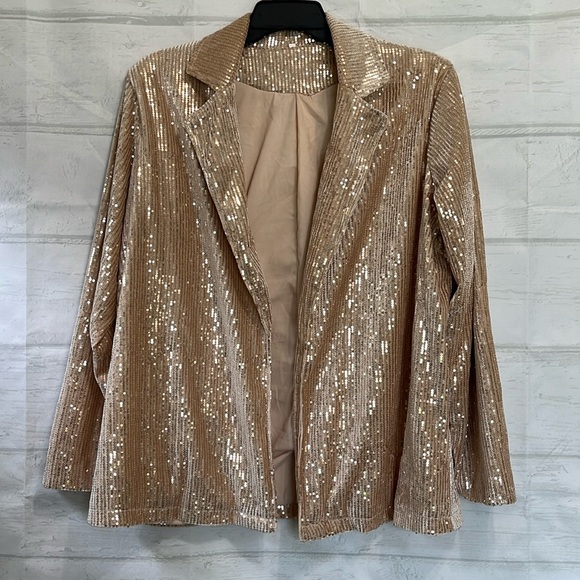 Champagne Sequins Open Front Blazer New Year Holiday Blazer Size 2XL - Picture 1 of 14